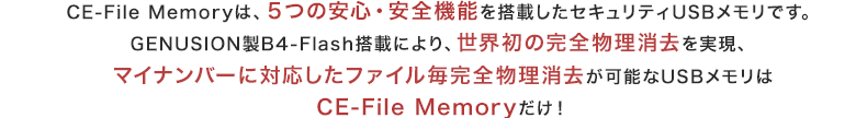 CE-File MemorýAT̈SES@\𓋍ڂZLeBUSBłB
GENUSIONB4-FlashڂɂAE̊SA
}Cio[ɑΉt@CS\USB
CE-File MemoryI